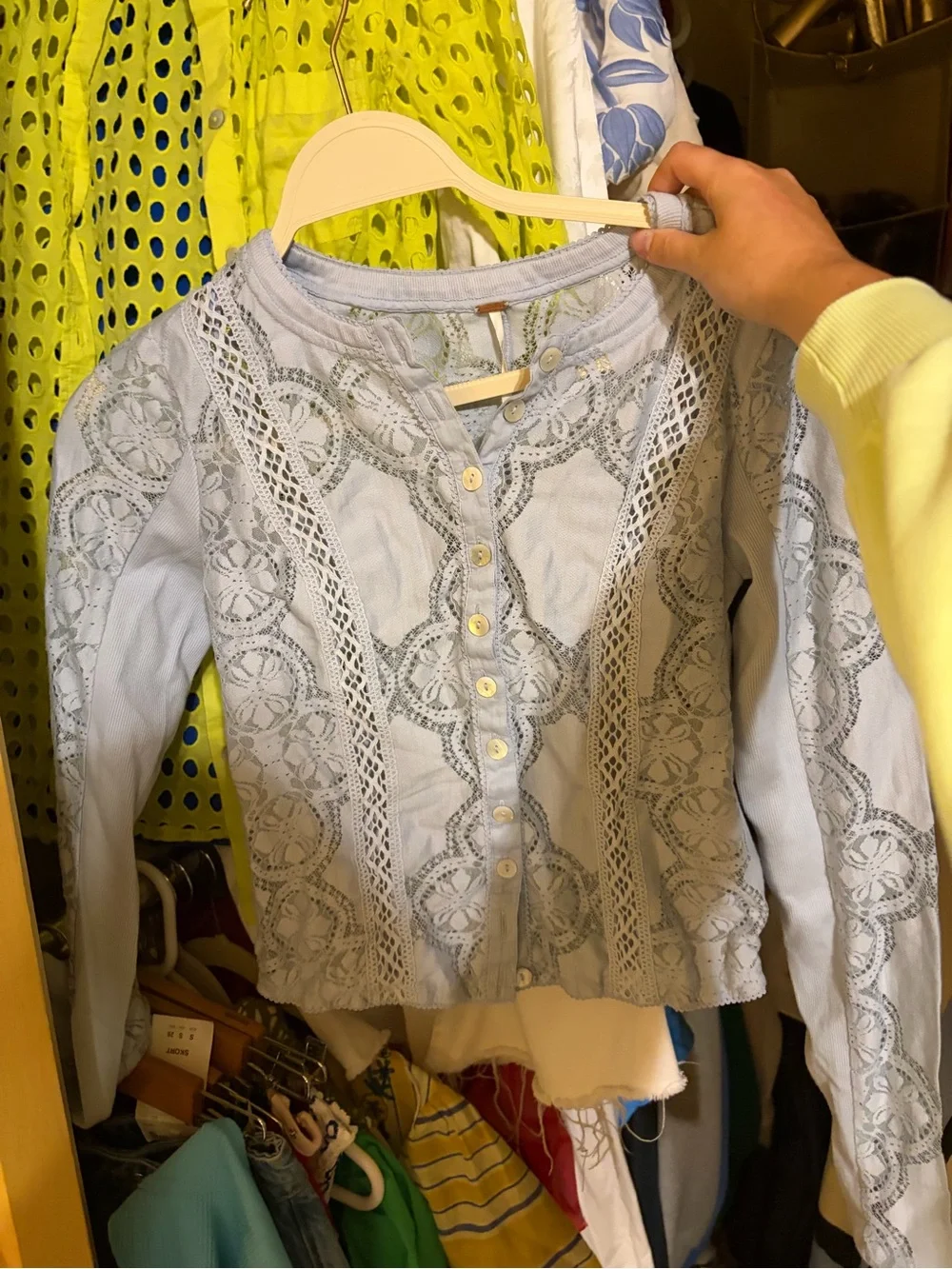 Free People Light Blue Lace Button-Down Shirt